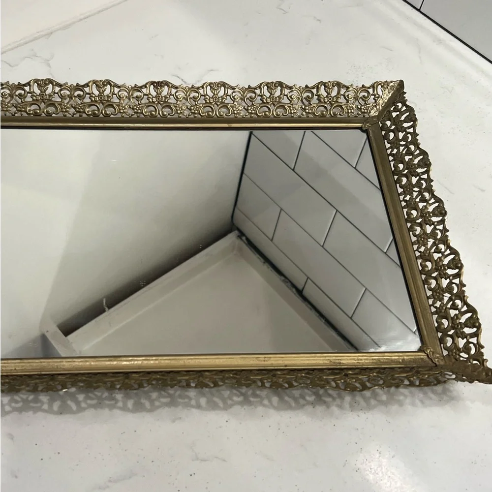Vintage Gold Filigree Vanity Dresser Hollywood Regency Mirror Tray
